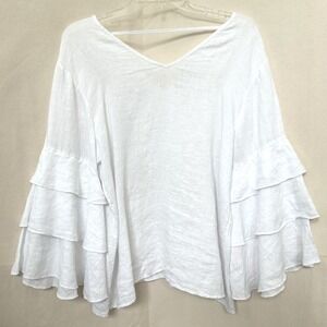 Cobblestone Living Boxy White 100%Linen Tiered Bell Sleeve V-Neck Top L/XL Italy